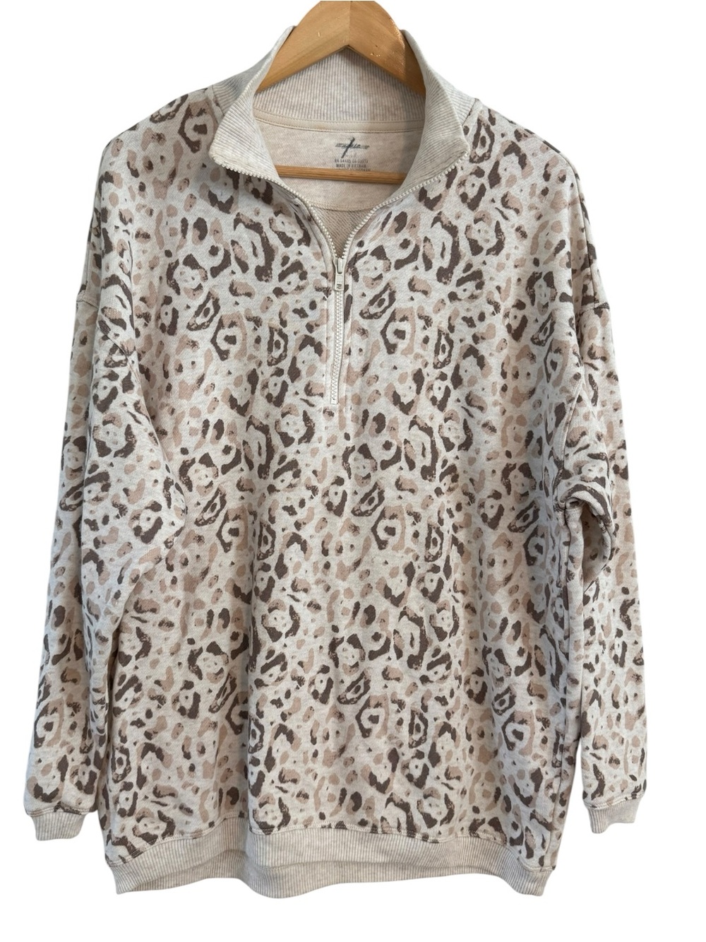 Aerie Oversized Quarter Zip Sweatshirt Women’s Size Small Beige Brown Leopard